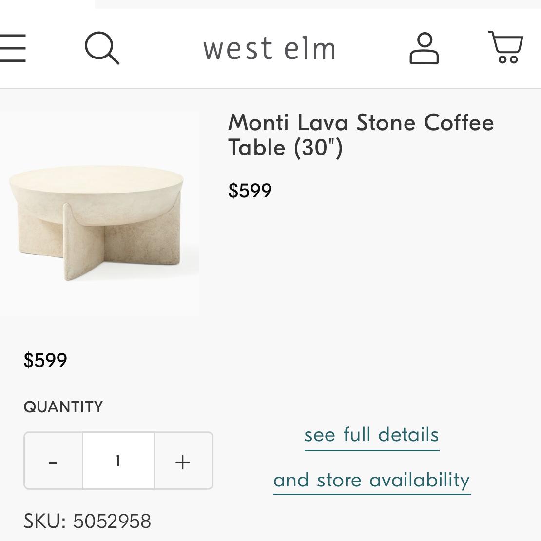Monti 30" Coffee Table, Lava Stone, White