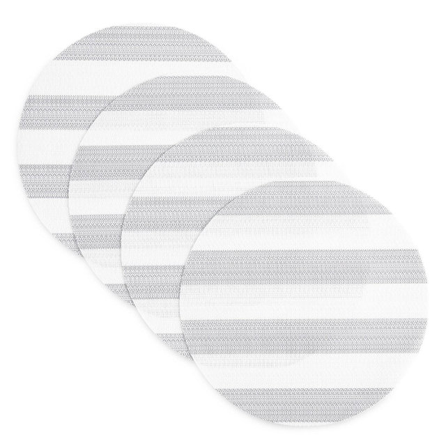 TOWN & COUNTRY BASICS Cabana Stripe Indoor Outdoor Placemats 4-Pack Set, Reversible and Easy Clean, Grey/White, 15" Round