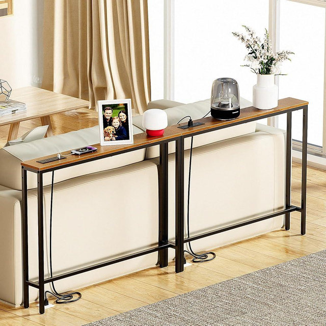 UNEEDE 2 Pack 5.9" Narrow Console Sofa Table with Power Outlets,39.4" L x 5.9" W x 31.3" H,Behind Couch Table with 6.5ft Extension Cord,Narrow Entryway Table,for Living Room,Rustic Brown