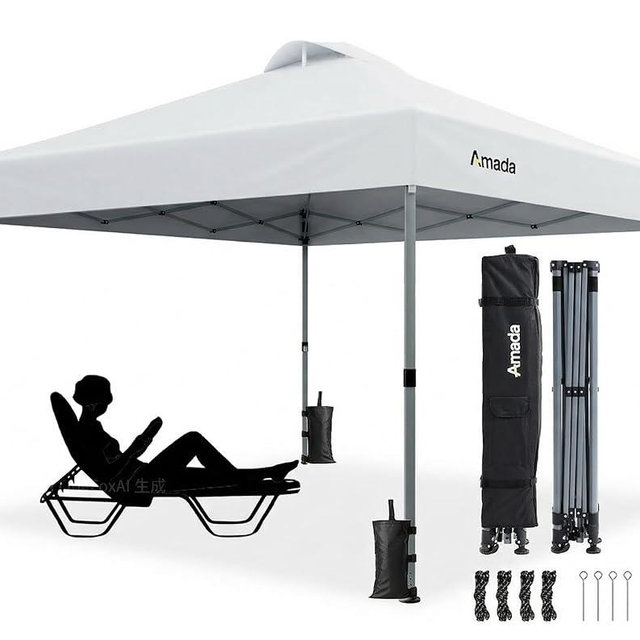 Amada 10x10 Pop Up Canopy Tent, 1-Button Push Easy-up Outdoor Canopy Beach Tent with 3-Height Adjustable Waterproof Shade Shelter, Wheeled STO-N-Go Bag 8 Stakes, 4 SandBags (10x10ft, White)