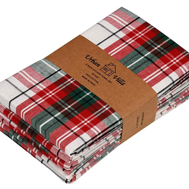 Urban Villa Set of 6 Christmas Checks Kitchen Towels 20×30 Inch 100% Cotton Highly Absorbent Dish Towels Premium Quality Ultra Soft Bar & Tea Towels with Mitered Corners