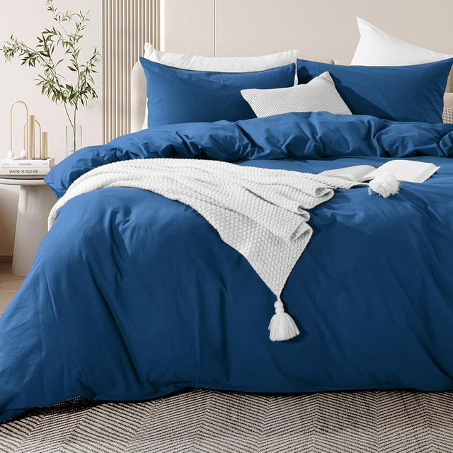 NEXHOME PRO Duvet Cover Set 100% Washed Cotton California Kingn 104"x98", Organic Natural Linen Look Textured 3 Pieces Bedding Set Royal Navy Klein Blue with Zipper Closure, Soft(No Comforter)