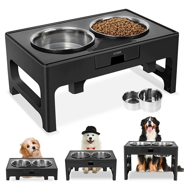 Elevated Dog Bowls Adjustable Raised Dog Bowl Stand with Double Stainless Steel Dog Food Bowls Adjusts to 3 Heights 3.9”, 7.8”, 11.8”, for Small Medium Large Dogs and Pets (Black)