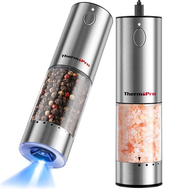 ThermoPro 110ml Electric Salt and Pepper Grinder Set Rechargeable, Automatic Pepper Grinder Shakers with External Adjustment, Refillable Pepper Mill Set with Dust Cover & LED, Stainless Steel 2-Pack