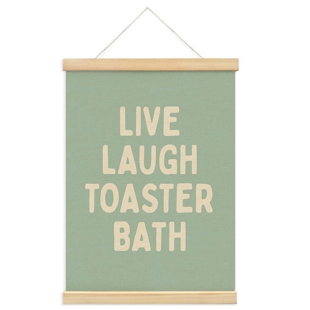 PLKMN Funny Bathroom Wall Decor, Live Laugh Toaster Bath Dark Humor Wall Art with Wooden Poster Hanger, Funny Sarcastic for Home Bathroom, 12x16 Inch