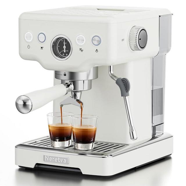 Neretva 15 Bar Espresso Machine with Milk Frother Steam Wand for Cappuccino, Latte, Macchiato, 1450W Professional Coffee Machine 1.8L Removable Water Tank For Home Barista (White)