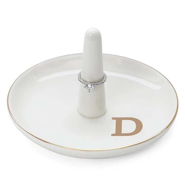 HOME SMILE Initials Ring Holder Jewery Tray with personalized D-Monogrammed Engagement Gifts for Friends,Birthday Mother's Day Christmas Gifts for Women,Ceramic White