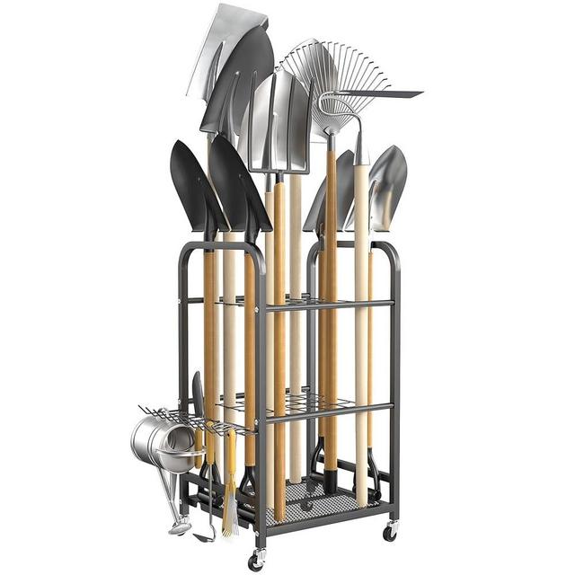 TORACK Garden Tool Organizer Stand with Wheels, Rakes Shovels Yard Tools Stand for Garage, Shed, Garden, Indoor/Outdoor Long-Handled Tools Cart