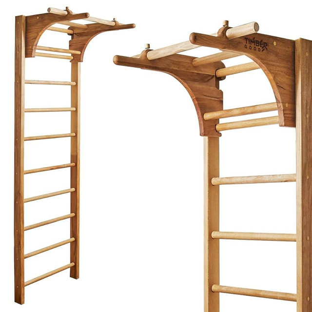 Rizone Swedish Ladder Wall Stall Bars for Kids and Adults, made of Solid Beech Wood, Withstands Loads up to 880 lbs, with Removable Pull-Up Bar, Dip Bar