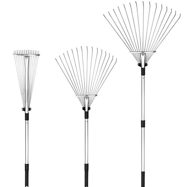 Buyplus Adjustable Garden Leaf Rake - 24 to 63 Inch Telescopic Metal Rake, Expandable Folding Leaves Rake for Lawn Yard, Flowers Beds and Roof