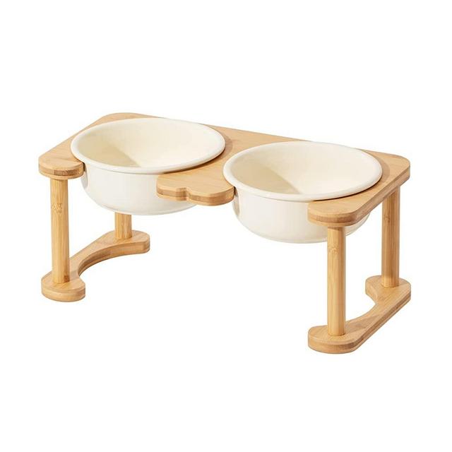 Havniva Ceramics Raised Dog Bowl with Non-Slip Stand Elevated Dog Bowl for Medium Dog Food and Water Bowl Dog Dish Pet Feeding Bowl (Double 6.9" Bowl, Cream White)