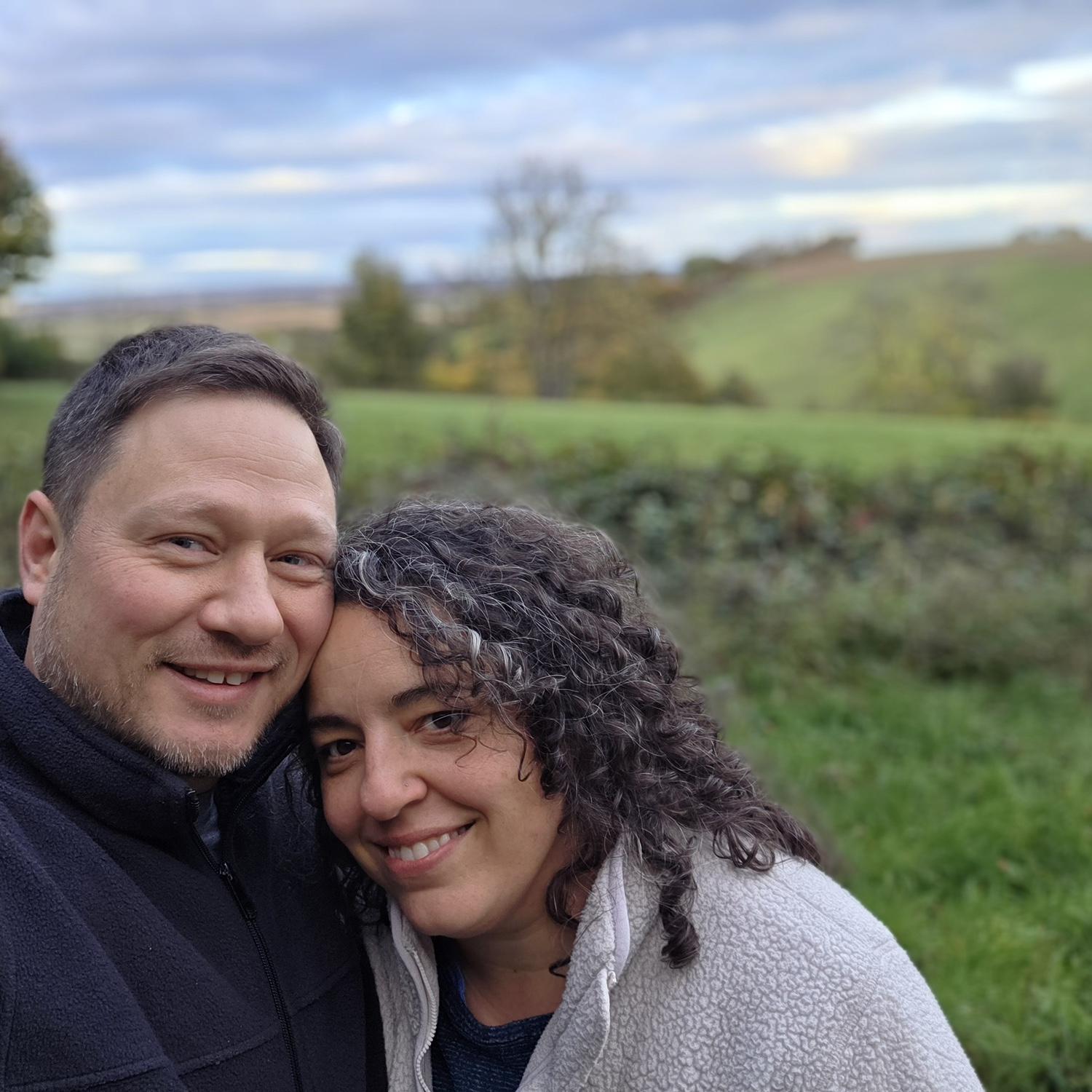 Our favorite photo. A selfie taken as we walked in Hitchin, England