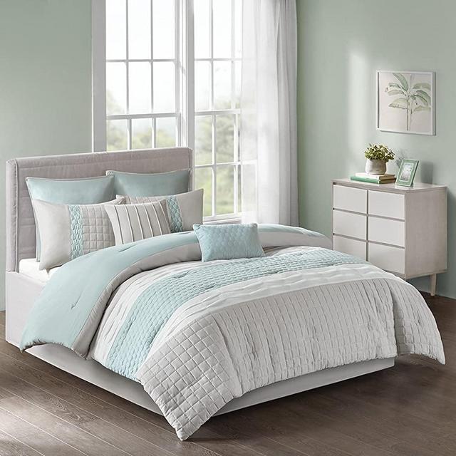 510 Design Tinsley 8 Piece Ultra Soft Quilted Comforter Set Bedding, Queen(90"x90"), Seafoam/Grey