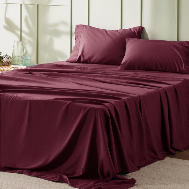 4 Pcs Sheet Sets Solid Embossed King Size Burgundy - Bedsure