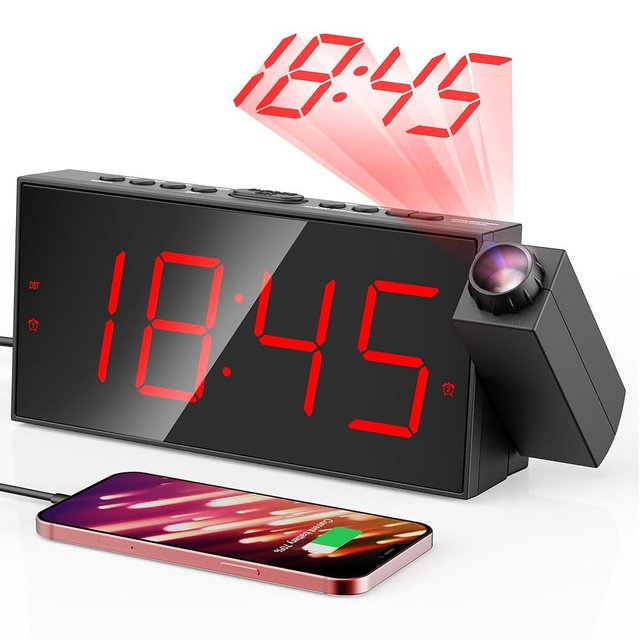 Mesqool Projection Alarm Clock, Digital Clock with 180° Rotatable Projector, 5-Level Brightness Dimmer, Clear LED Display, USB Charger, Progressive Volume, 9mins Snooze,12/24H, for Bedroom