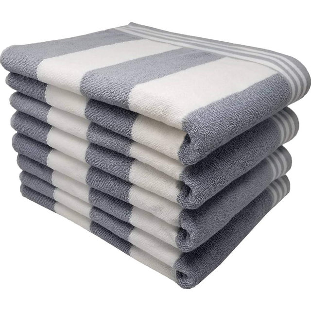 100 Percent Ringspun Combed Cotton Beach/Pool Towel Set. Slate Gray/White 4 Piece Cabana Stripe (X-Large 30x65 450 GSM)
