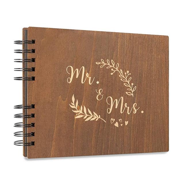 Creawoo 8.5’’ Mr&Mrs Wooden Guest Book Album Memory Keepsake for Wedding Anniversary Birthday with 80 Pages Blank Black Cardstocks - Love Story Scrapbook