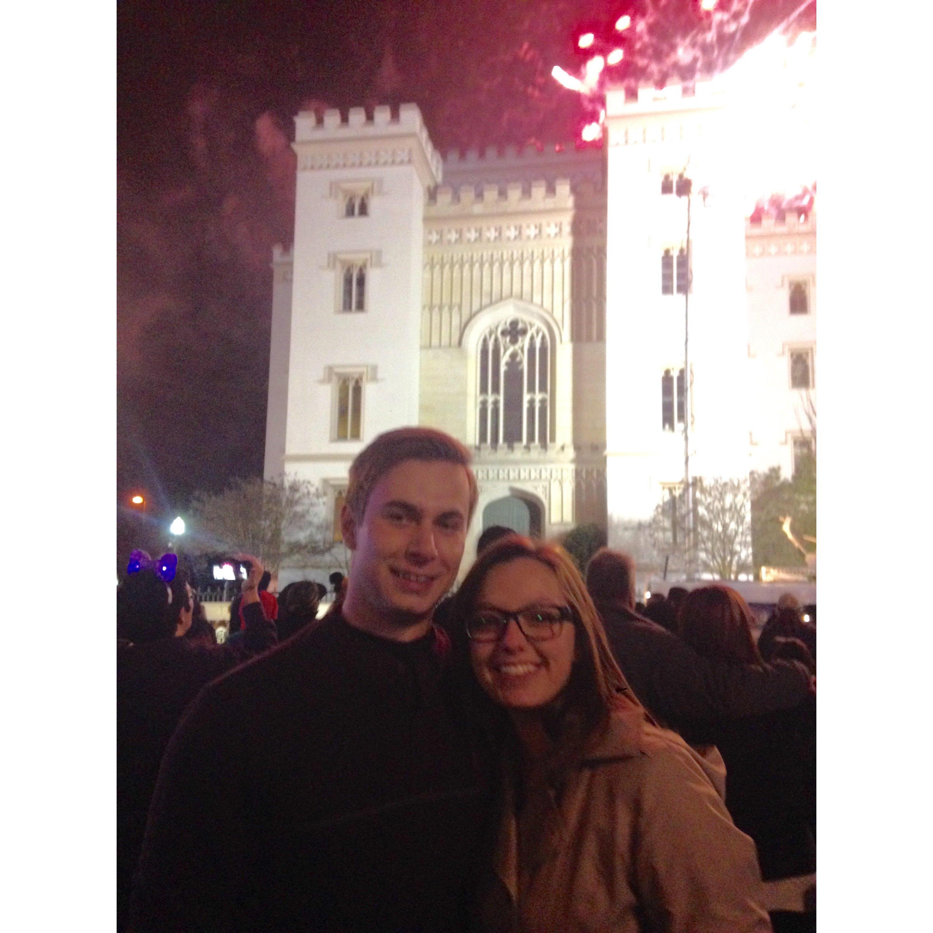 Enjoying fireworks at Baton Rouge's New Years Eve celebration at the Old State Capitol