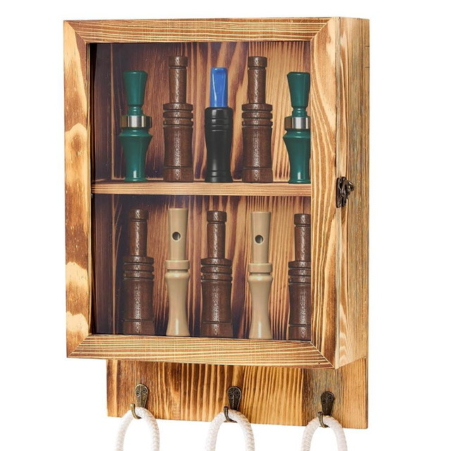 Dononr Duck Call Display Rack with 10 Slots and 3 Lanyard Hooks – Duck Hunting Gear with Clear Acrylic Door – Wood Wall Mounted Storage Case Organizer for Men and Collectors, Rustic