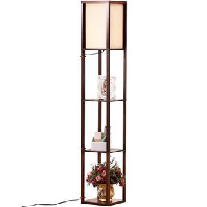 Brightech Maxwell - LED Shelf Floor Lamp - Modern Standing Light for Living Rooms & Bedrooms - Asian Wooden Frame with Open Box Display Shelves - Havana Brown