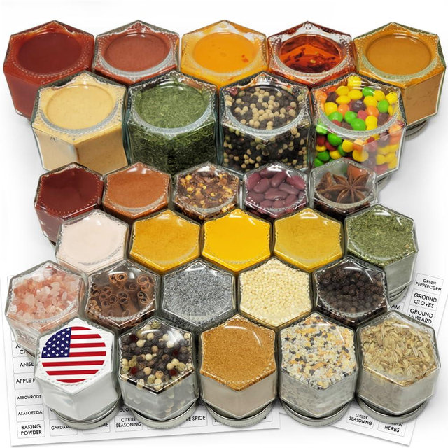 Magnetic Spice Jars Combo Pack - 29 Set (9 Large 4 oz + 20 Small 2 oz) Glass Hexagon Spice Containers with Magnetic Lids, Shaker, Labels for RV, Fridge, Cabinet