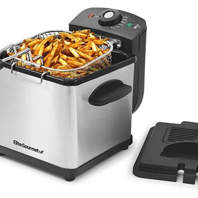 Elite Gourmet EDF-1607 800-Watt Mesh Basket 1.6 Quart / 6.5 Cup Oil Capacity, Electric Immersion Deep Fryer with Temperature Knob and Lid with View Window, stainless steel