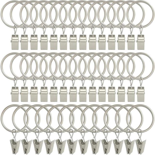 LLPJS 40 Pack Curtain Rings with Clips, Curtain Clip Rings Hooks, Bow Hanger Clips for Hanging Drapery Drapes Bows, Ring 1.26 inch Interior Diameter, Fits up to 1" Rod, Matte Silver