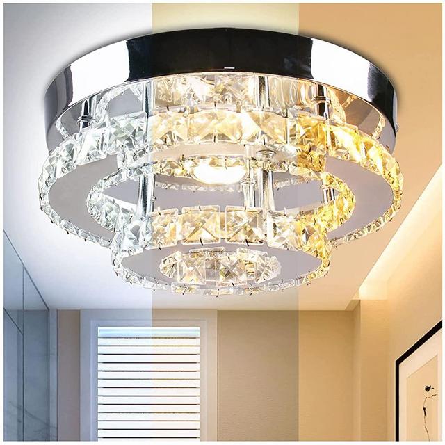 Cainjiazh Mini Chandelier LED Crystal Ceiling Light 2 Layers Round Flush Mount Ceiling Light Modern Chandelier Lighting for Hallway Staircase Kitchen Bathroom （Dimmable）