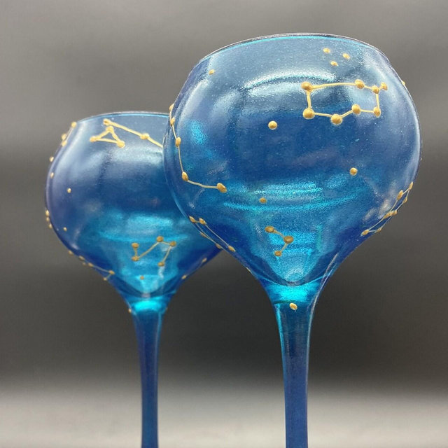 Constellations Set of 2 hand painted toasting wine glasses Night sky personalized glasses in blue and gold color