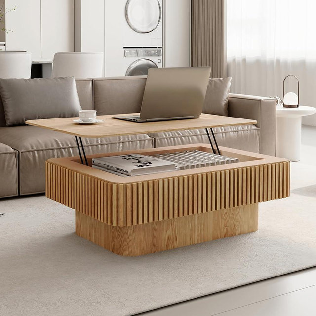 BSYEIO Lift-top Coffee Table with Storage Hidden Compartment,Solid Wood Veneered Fluted Rectangular Center Table 38.6'' Modern Smart Lift Table Oval top for Living Room, Apartment or Office,Natural