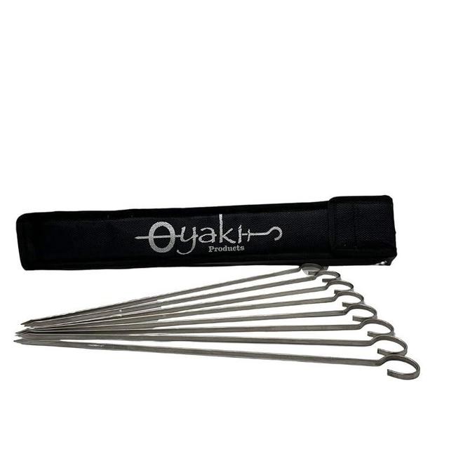 Flat Metal Kabob Skewers for Grilling - 12" BBQ Skewers Stainless Steel with Storage Bag - Set of 8 Dishwasher Safe Flat Metal Skewer Set for Grilling with Hook Handle & Sharp Tip by O-Yaki
