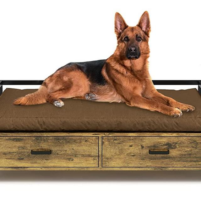 MSMASK Elevated Dog Beds Frame, Dogs Cats Sofa Chair with Drawer, Modern Style Wood and Iron Frame Dog Furniture
