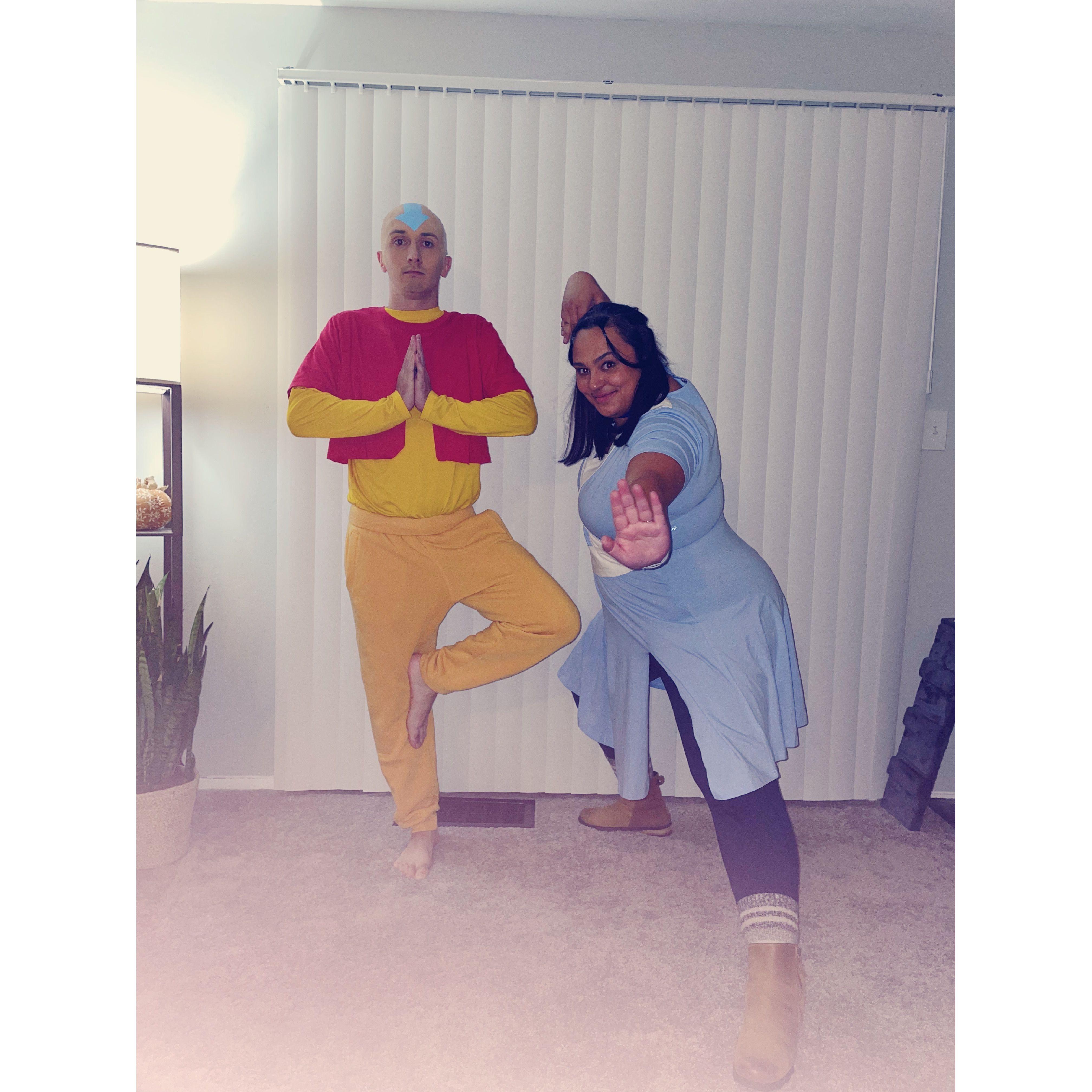 Austin's bald cap took hours to place, but nothing looks better than Aang and Katara!