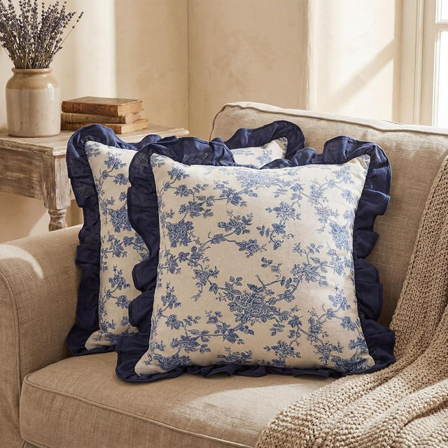 Tingjoo 2 Pack Blue Floral Vintage Throw Pillow Covers with Ruffle 18x18 Inch, Farmhouse Decorative Cushion Covers Neutral Accent Print Home Boho Decor Gifts for Sofa Chair Couch Bedroom Living Room