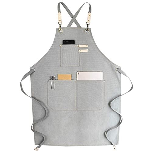 Chef Apron, Cotton Canvas Cross Back Adjustable Apron with Pockets for Women and Men, Kitchen Cooking Baking Bib Apron, Adjustable Strap and Large Pockets,Canvas, M-XXL- Light Grey