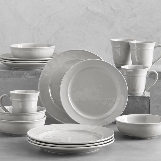 Cambria Stoneware 16-Piece Dinnerware Set, 10 3/4" Dinner Plate with Soup Bowl - Gray