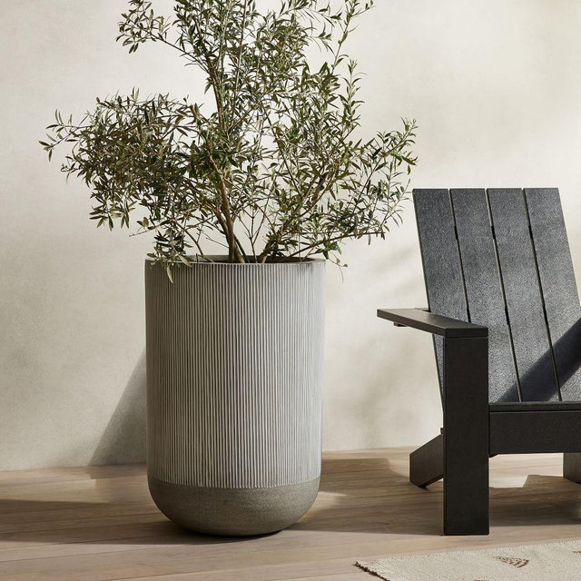 Textured Radius Ficonstone Planter, Standard Entry, 20"D x 29"H, Frost Gray