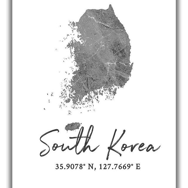 South Korea Map Wall Art Print - 8x10 Silhouette Decor Print with Coordinates. Makes a Great South Korean-Themed Gift. Shades of Grey, Black & White.