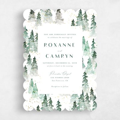 White Scalloped Wedding Invitation - Spruce Portrait Foil
