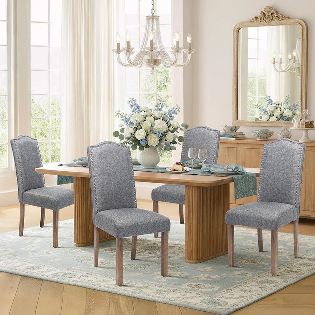 Upholstered Dining Chair Modern Stylish Parsons Kitchen Diner High Back with Silver Nailhead Trim & Wood Legs, Set of 4, Fabric Classic Grey