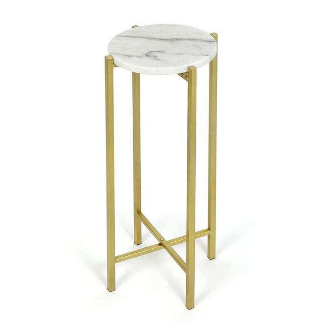Urban Shop White Marble Collapsible Side Accent Drink Table with Gold Metal Legs