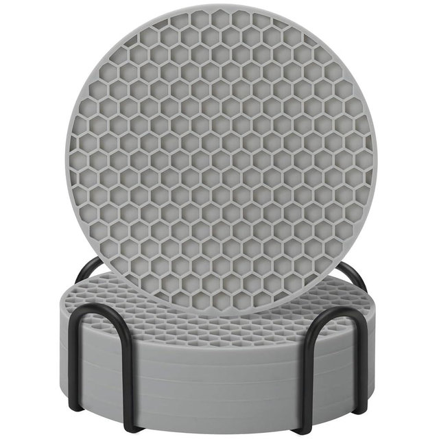 Coasters Set of 6,Coasters for Drinks,Coffee Table Decor Coaster with Holder,Suitable for Kinds Cup,Anti-SLI,Heat-Resisting,Silicone Cup Coaster and Living Room Decor(6 Pcs, Gray)