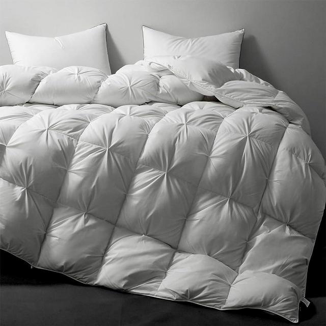 Royoliving Pinch Pleat King Size Feather Down Comforter - Super Soft White Bed Comforter with 100% Cotton Cover Duvet Insert - Fluffy Extra Warm (106"×90", White)