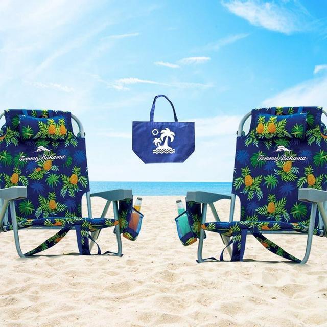 2 Tommy Bahama Backpack Cooler Chair with Storage Pouch and Towel Bar (Green/Blue Mix and Green/Blue Mix)