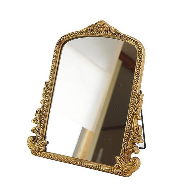HSDDHOME Vintage Vanity Makeup Desk Mirror，Antique Traditional Chic Arch Table Mirror Gold，Decor Wood Framed Small Standing Carved Arendahl Mirror for Living Room,Bedroom,Tabletop 11.8" x 9.6"