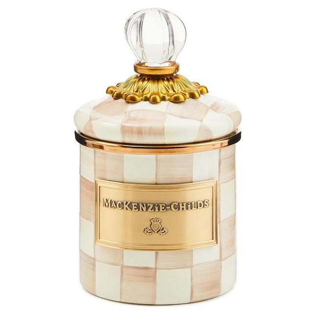 MACKENZIE-CHILDS Mini Enamel Canister, Kitchen Storage Container with Lid, Brown-and-White Mocha Check