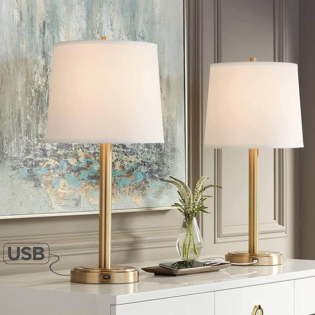 Camile Modern Glam Luxury Table Lamps Set of 2 with USB Charging Port Brass Metal Oatmeal Drum Shade Decor for Living Room Bedroom House Bedside Nightstand Home Office Family - 360 Lighting