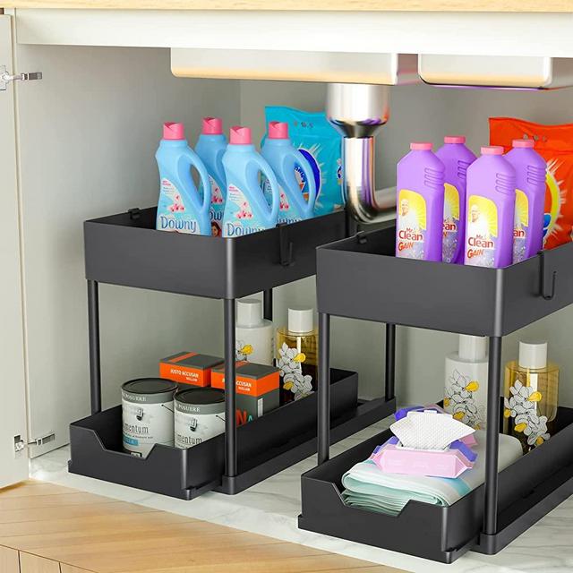 2 Pack Under Sink Organizer with Sliding Cabinet Basket, 2 Tier Multi-Purpose Under Sink Organization and Storage for Bathroom Kitchen Includes 4 Extra Hooks