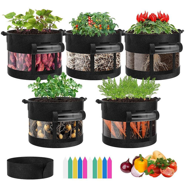 VIVOSUN 5-Pack 7 Gallon Visible Potato Grow Bags, Thick Fabric Potato Pots with 360° Visibility & Harvest Window, Potato Growing Containers Potato Planter Potato Planter for Growing Potatoes, Black