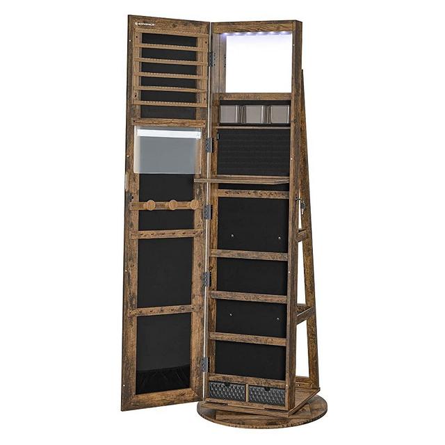 SONGMICS 6 LEDs Lockable Mirror Jewelry Cabinet, 360° Swivel Jewelry Organizer, Standing Jewelry Armoire, Frameless Full-Length Mirror, 3 Storage Shelves, Rustic Brown UJJC007X01